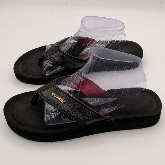 Coach 9B $95 Judy Black Leather Platform Thong Flip Flop Sandals Red Lining main image 4